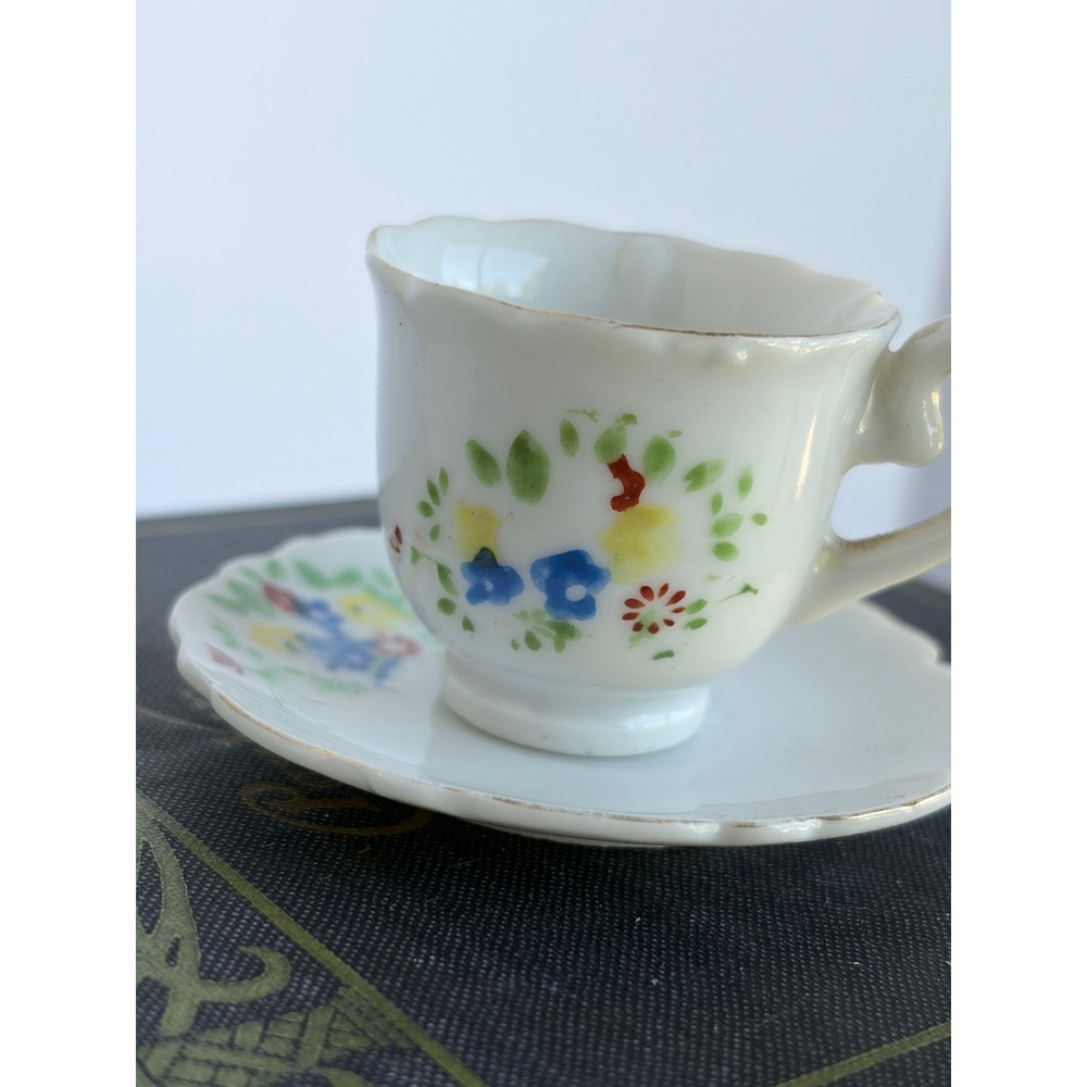 Vintage Miniature Porcelain Tea Cup and Saucer Set Hand Painted Floral Japan 3pc